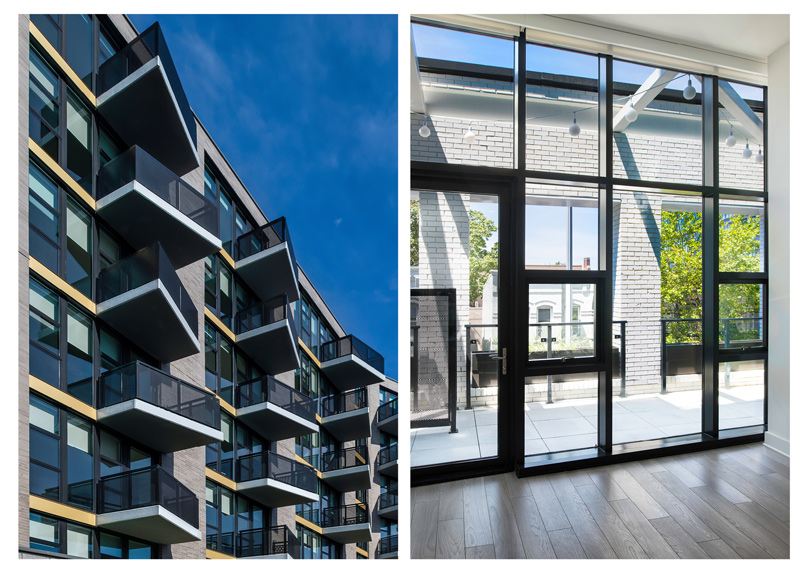 Image on the left is of the exterior building showcasing windows and balconies, image to the right shows the interior of the building with tall windows and a door.