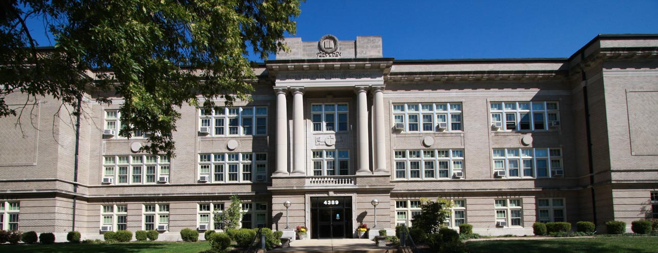 Historic high school building with new historic replica windows