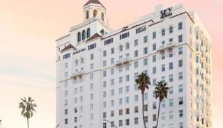 Exterior building-with palm trees at dusk